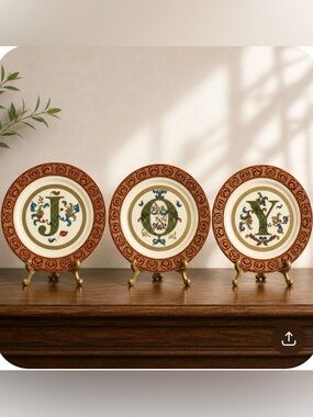 Vintage JOY Monogram Plates Set of 3 Red Gold Scroll Holiday Decor 8" Ceramic